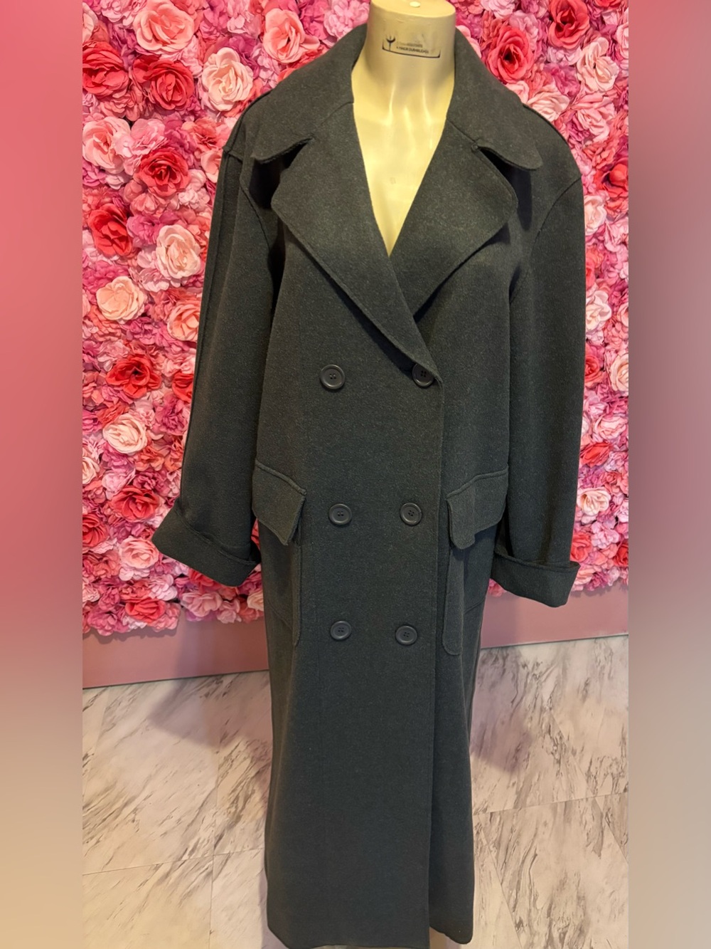 Classic Double-Breasted Long Dark Gray Wool Coat